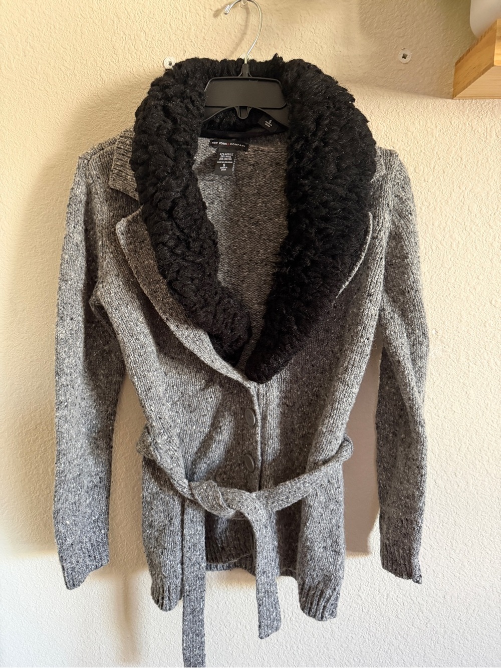 New York & Company Gray Sweater Jacket with removable Black Faux Fur Trim